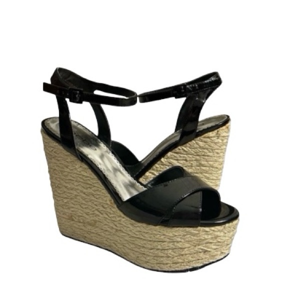 Bebe Black Patent Karissa Espadrille Wedge Platform Sandals Size 9.5 - Picture 1 of 11